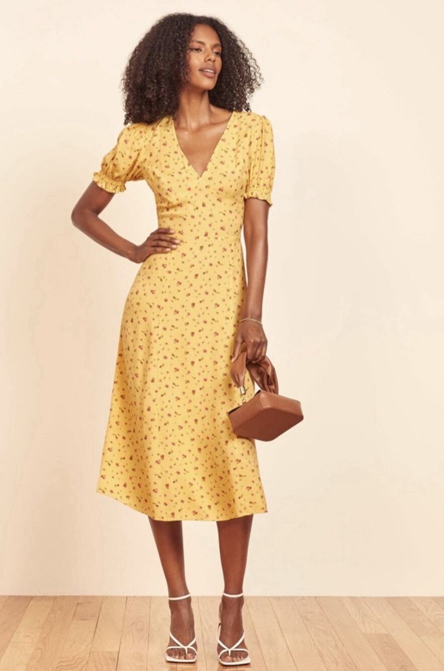 Reformation Bee Dress Gwen Yellow V Neck Tie Back Puff Sleeve Floral Size 2